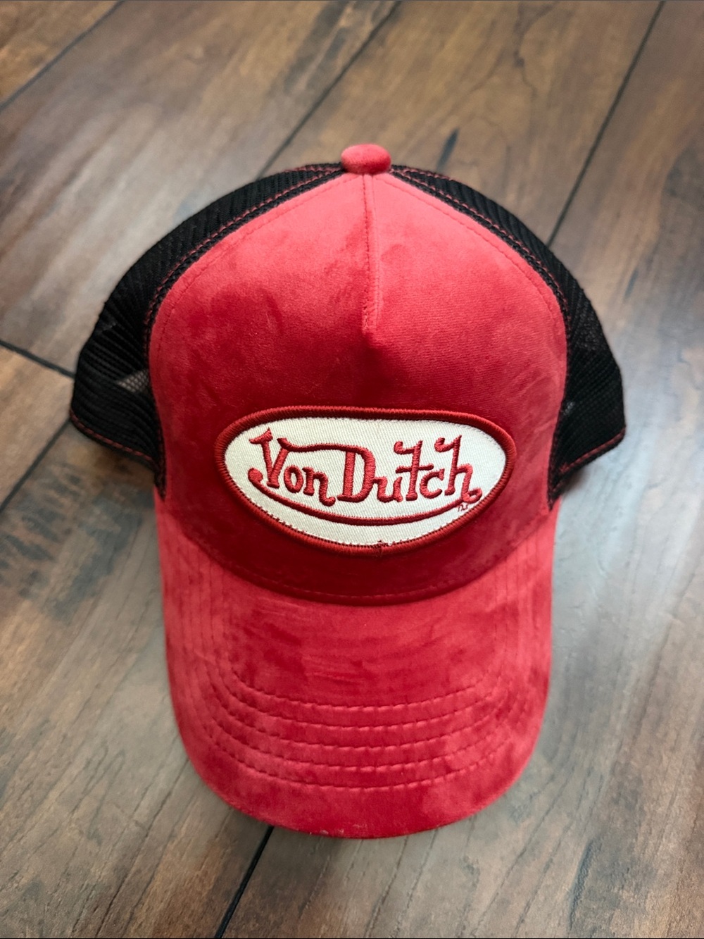 Von Dutch Red and Black Trucker Hat with Logo Patch